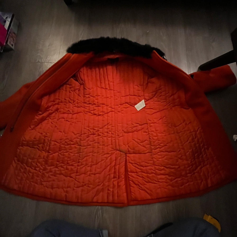 Women's Orange Toggle Coat with Faux Fur Collar - Picture 3 of 8